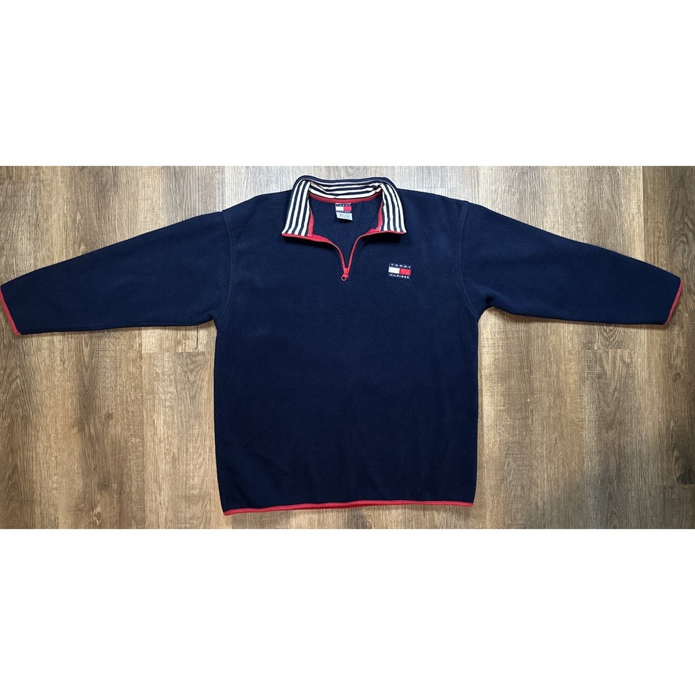 Vintage Tommy Hilfiger Quarter Zip Fleece Sweatshirt Size Large Navy Blue